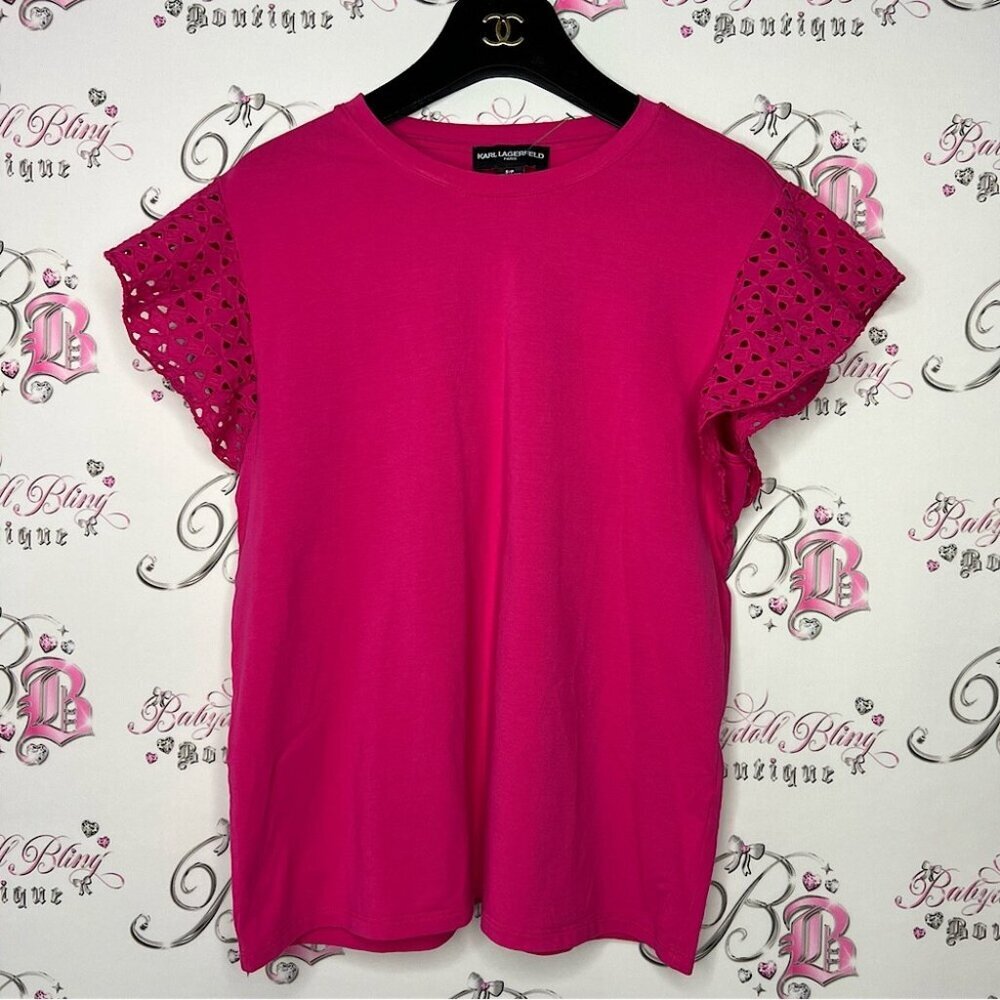 Karl lagerfeld tshirt crochet shoulder detail fuschia pink soft stretchy boho